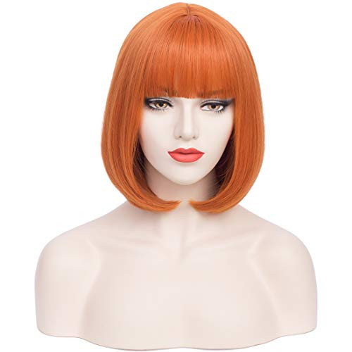 PATTNIUM Short Straight Bob Orange Wig with Bangs for Women Rose Net Synthetic Wig Cosplay Halloween Party Wigs -Dark Orange- PATTNIUM Short Straight Bob Orange Wig with Bangs for Women Rose Net Synthetic Wig Cosplay Halloween Party Wigs -Dark Orange-