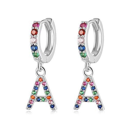Presentski Initial Earrings Huggie Hoop Earrings Drop Dangle Earring Alphabet Letter A Sterling Silver 925 Colorful CZ Setting Huggie Earrings for Gir