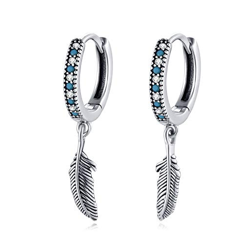 Presentski Feather Dangle Huggie Hoop Earrings 925 Sterling Silver Synthetic Turquoise Leaf Dangle Endless Hoop Earrings Hypoallergenic Earrings Jewel