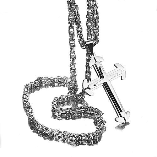 Stainless Steel Cross Pendant Mens Byzantine Chain Necklace 5mm Wide 20-40 inches-Silver  24 inches-