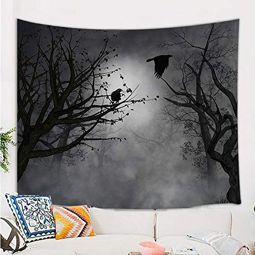 Mystic Fog Forest Tapestry Gothic  Birds at Branches On Creepy Jungle at Deep in Dark Forest Tapestry Wall Hanging  Halloween Tapestry Blanket Wall De