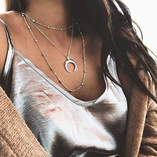 Fstrend Gypsy Layered Necklace Dainty Moon Beaded Pendant Necklaces Jewelry for Women and Girls -Silver- Fstrend Gypsy Layered Necklace Dainty Moon Beaded Pendant Necklaces Jewelry for Women and Girls -Silver-