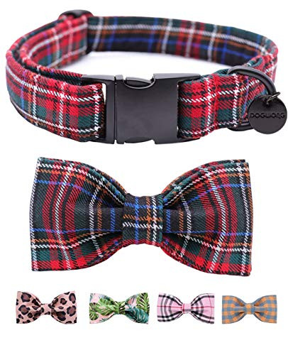 DogWong Cotton Christmas Dog Collar with Bowtie for Small Medium Large Dogs Plaid Pet Collar Comfortable Dog Collar  Bowtie Dog Collar Adjustable XXS-