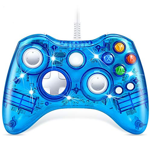 Controller for Xbox 360  VOYEE Wired Controller with Led Lights and Upgraded Joystick for Xbox 360 and Slim-PC Windows 10 8 7 -Clear Blue-