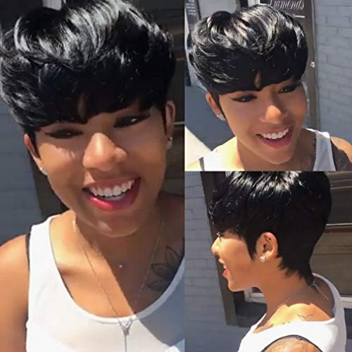 VCK Short Pixie Wigs for Black Women Human Hair Wigs Short Layered Cut Wigs with Bangs 1B Color