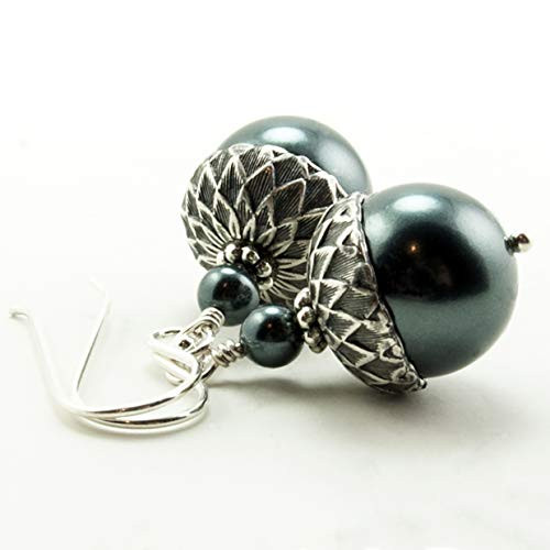 Acorn Earrings with Tahitian Shade Simulated Pearls from Swarovski  Sterling Silver Earwires Acorn Earrings with Tahitian Shade Simulated Pearls from Swarovski  Sterling Silver Earwires