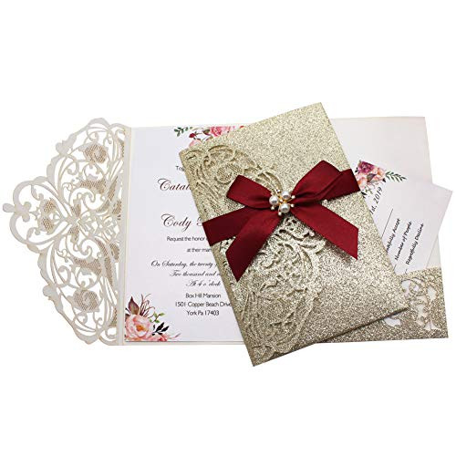 AdasBridal 25Pcs 250GSM Tri-Fold Glitter Wedding Invitations with RSVP Cards and Envelopes for Wedding Engagement Bridal Shower Birthday Quinceanera P