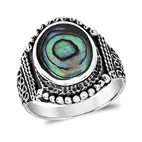 AeraVida Rainbow Abalone Shell Vintage Oval Balinese Style -925 Sterling Silver Ring -9-