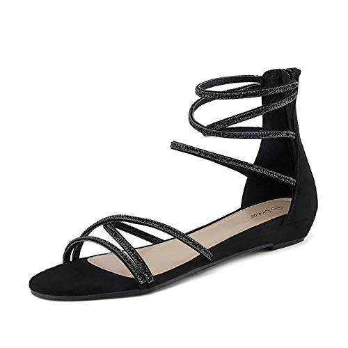 DREAM PAIRS Womens Weitz Black Ankle Strap Rhinestones Low Wedge Sandals - 9 M US