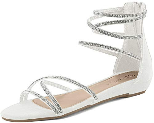 DREAM PAIRS Womens Weitz White Ankle Strap Rhinestones Low Wedge Sandals - 11 M US