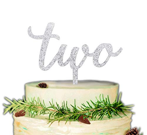 Two Cake Topper for 2nd Birthday or Anniversary Party Decorations Two Years Old Second Birthday Acrylic Cake Decor -Silver-