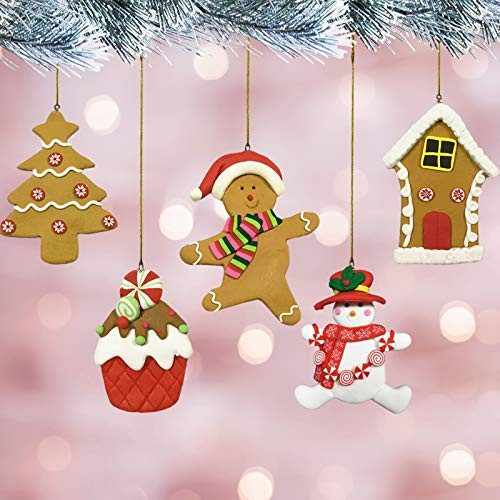 5pcs Gingerbread Christmas Ornaments - Clay Figurine Gingerbread Man House Tree Snowman Cupcake Cookie Ornaments for Christmas Tree Decorations
