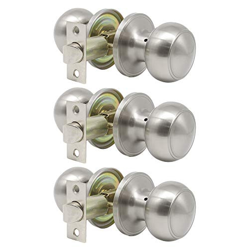 3 Pack Probrico Round Interior Hallway Passage Closet Keyless Doorknobs Door Lock Lockset 609-SN-PS in Satin Nickel