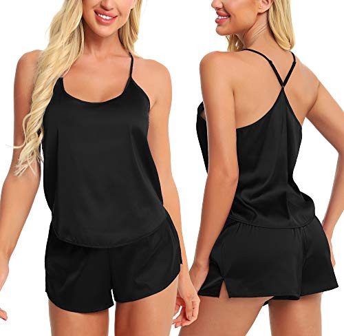 AGFAN Satin Pajama Set for Women Pajama set Sleepwear Womens Sexy Lingerie Satin Pajamas Cami Shorts Set Nightwear Loungewear Black M AGFAN Satin Pajama Set for Women Pajama set Sleepwear Womens Sexy Lingerie Satin Pajamas Cami Shorts Set Nightwear Loungewear Black M