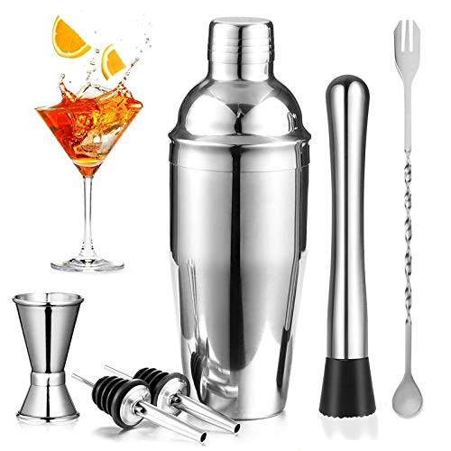 Cocktail Shaker Set  Bartender Kit 25oz Martini Mixer with Built-in Strainer  Measuring Jigger  Muddler  Mixing Spoon - Stainless Steel Drink Shakers
