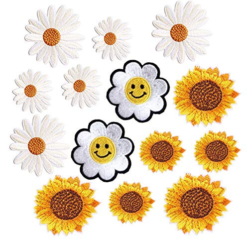 14pcs Smiley Face Sunflowers Patches - Daisy Flower Embroidered Iron On or Sew On Patch- Sun Flower Applique DIY Accessory for Kids Backpacks Hats Jea