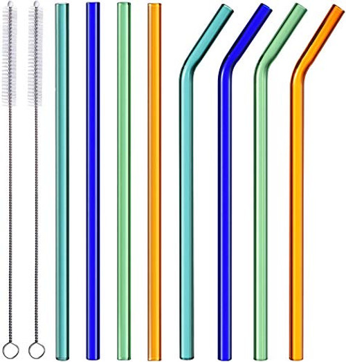 ALINK Reusable Glass Smoothie Straws  10 x 10 mm Long Colored Drinking Straws for Smoothie  Milkshakes  Frozen Drinks  Pack of 8 with 2 Cleaning Brus