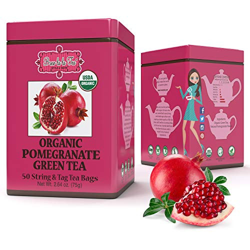 Brew La La Organic Green Tea - Pomegranate Flavor - 50 Tea Bag Tin - Low Caffeine Tea - USDA Certified Organic