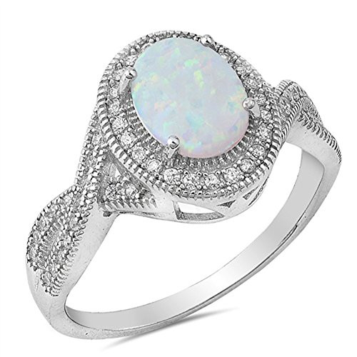 Clear CZ White Simulated Opal Vintage Oval Ring -925 Sterling Silver Band Size 9