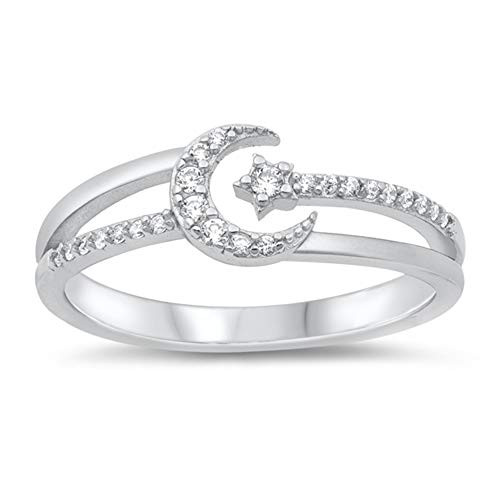 Clear CZ Open Crescent Moon Star Studded Beautiful Ring New -925 Sterling Silver Band Size 5 Clear CZ Open Crescent Moon Star Studded Beautiful Ring New -925 Sterling Silver Band Size 5