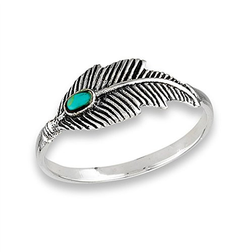 Simulated Turquoise Oxidized Feather Ring -925 Sterling Silver Tree Leaf Band Size 8