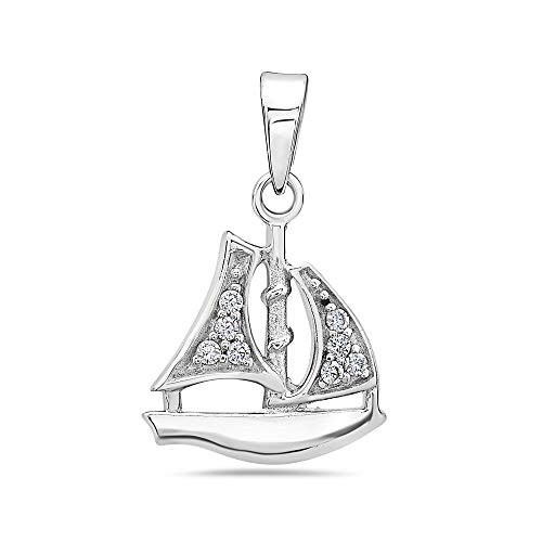 925 Solid Sterling Silver Cubic Zirconia Boat  Ship Pendant - Charm for Necklace or Bracelet - CZ Jewelry