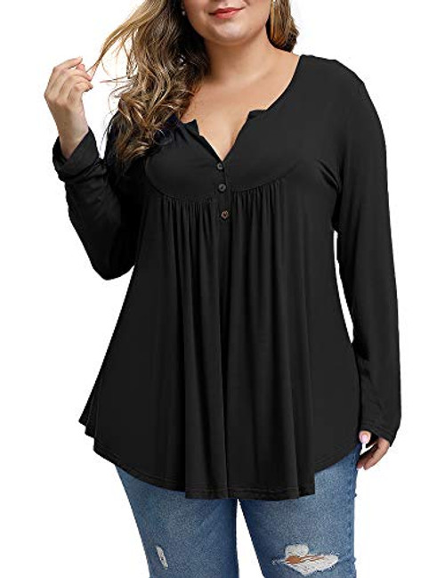 Allegrace Womens Plus Size Tunics Button Up Henley V Neck Tops Pleated Long Sleeve Tunic Shirts Black 16W