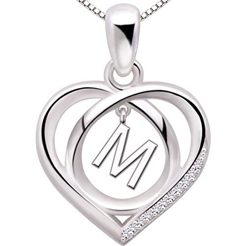 ALOV Jewelry Sterling Silver Initial Letter Alphabet Love Heart Cubic Zirconia Pendant Necklace -M-