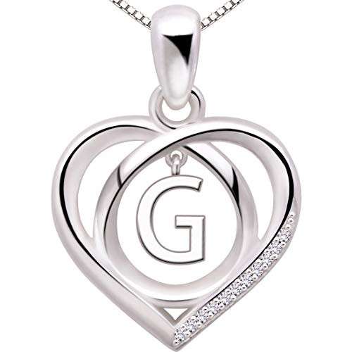 ALOV Jewelry Sterling Silver Initial Letter Alphabet Love Heart Cubic Zirconia Pendant Necklace -G-