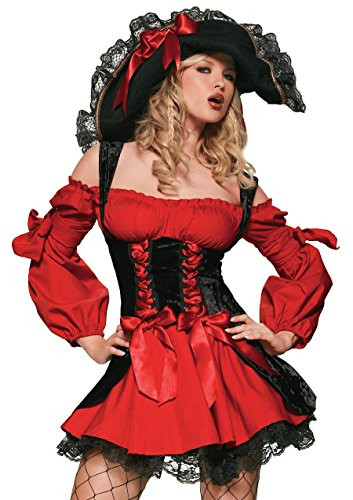 Leg Avenue Womens Vixen Pirate Wench w-Velvet Double lace up Corset Dress  Black-Red  Small