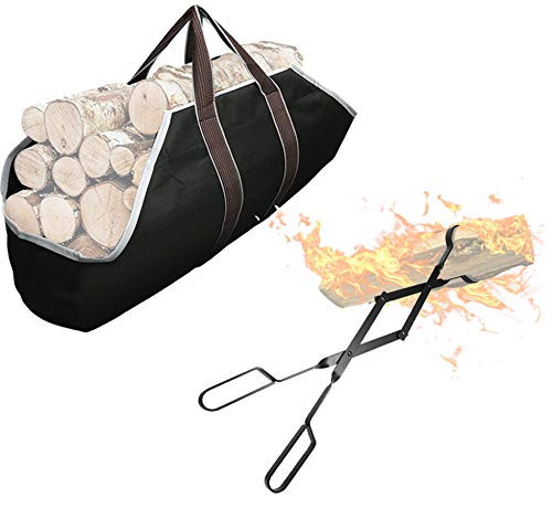 Amagabeli Fireplace Firewood Totes Log Holders - Bundle Fireplace Log Tongs 26