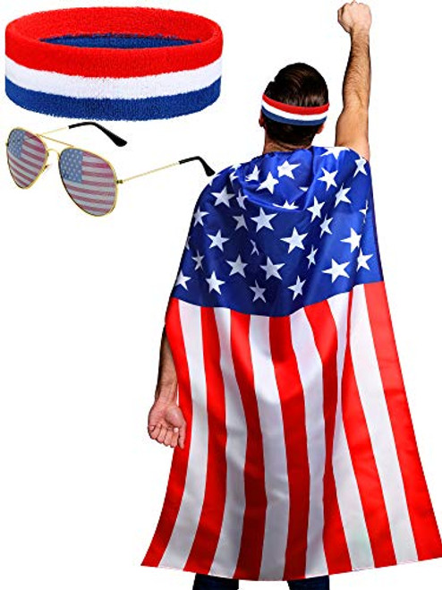 American Flag Costume Cape  Retro 80s American USA Sunglasses and USA Flag Headband for 4th of July Independence Day Celebration