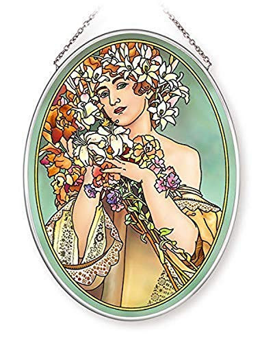 Amia Art Nouveau Flower Handcrafted Glass  Medium Oval Suncatcher  Multicolored