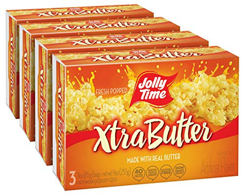 JOLLY TIME Xtra Butter Microwave Popcorn - Gourmet Popcorn Made with Real Butter for Extra Buttery Fresh Popped Flavor -3-Count Box  Pack of 4-
