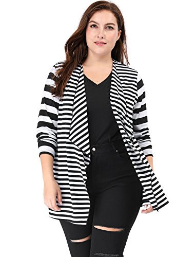 Agnes Orinda Women Plus Size Open Front Cardigan Mixed Striped Cardigan Black 2X