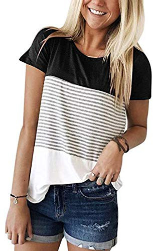ANDUUNI Womens Round Neck Striped Color Block T-Shirt Short Sleeve Casual Loose Tunic Blouse and Tops -A Black  Medium-