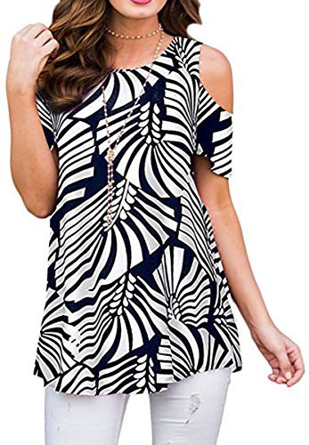 ANDUUNI Womens Floral Print Cold Shoulder Swing Tunic Tops Casual Loose Short Sleeve Blouse Shirts  Leaf  X-Large