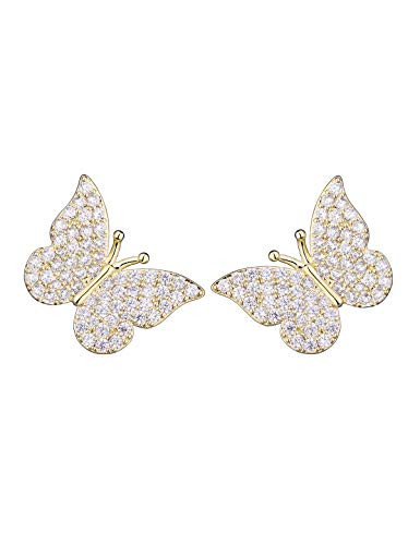 Colorful CZ Pave Butterfly Earrings for Women - 3D Butterfly Stud Earrings for Girls - Diamond Butterfly Dangle Earrings Plated in 14K Gold-White Gold