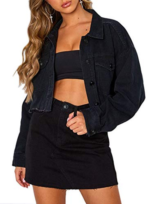 Jean Jacket Women Oversized Black Cropped Denim Jacket Short Trucker -S  Washed black cropped denim jacket-