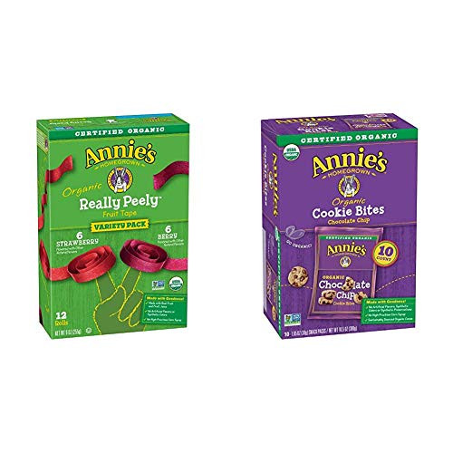 Annies Strawberry-Berry Organic Really Peely Fruit Tape Variety Pack  12 Count and Organic Chocolate Chip Cookie Bites  10 ct
