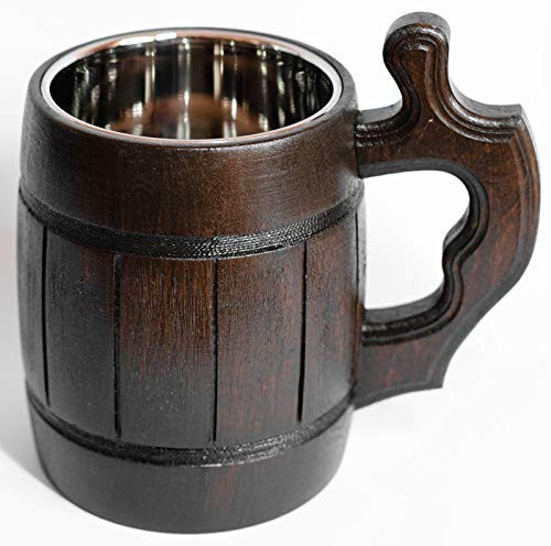 Wooden Beer Mug Oak Wood Stainless Steel Cup Old-Fashioned Brown - Wood Carving Beer Mug of Wood Great Beer Gift Ideas Wooden Beer Tankard 20 OZ