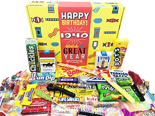 Woodstock Candy ~ 1940 80th Birthday Gifts for Men and Women Retro Nostalgic Basket Box of Old Candy Assortment from Childhood - Milestone Gifts for 8