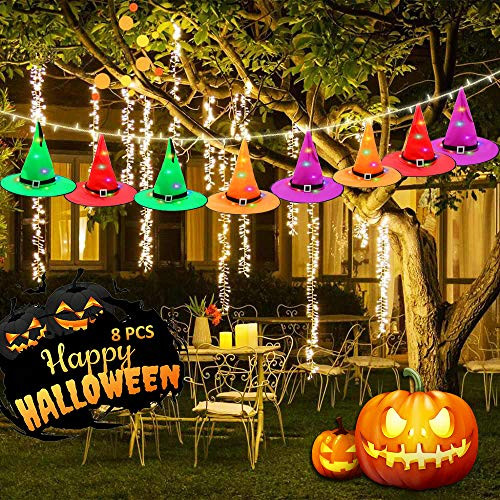 AOBISI Halloween Decorations Outdoor Hanging Lighted Glowing Witch Hat 32-8ft String Light with Halloween Witch Hat Decorations Outdoor  Halloween Wat