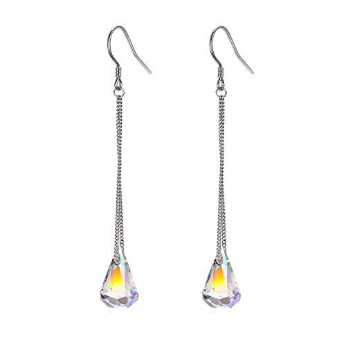 AOBOCO 925 Sterling Silver Drop Dangle Earrings with Aurora Borealis Teardrop Swarovski Crystals -Aurora Borealis Raindrop- AOBOCO 925 Sterling Silver Drop Dangle Earrings with Aurora Borealis Teardrop Swarovski Crystals -Aurora Borealis Raindrop-