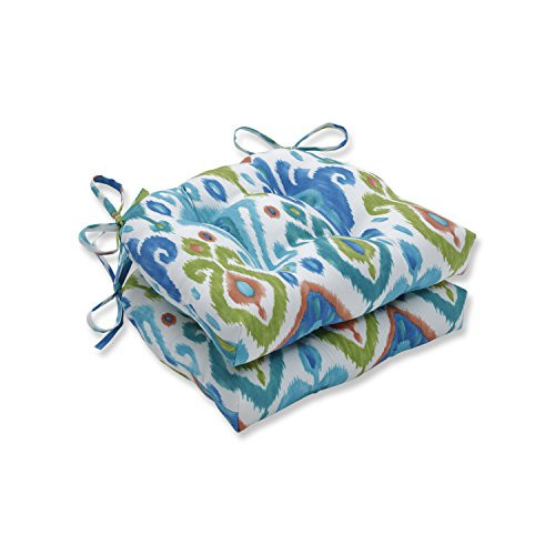 Pillow Perfect Indoor/Outdoor Paso Caribe Reversible Chair Pad (Set of 2) 16" x 15.5" x 4" Blue 2 Piece