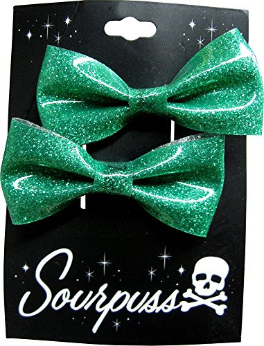 Aqua Green Glitter Bow Hair Clips from Sourpuss Clothing
