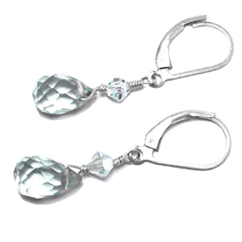 Lab Grown Aqua Quartz 10x6mm Briolette Lever Back Earrings Swarovski Crystal Sterling Silver Lab Grown Aqua Quartz 10x6mm Briolette Lever Back Earrings Swarovski Crystal Sterling Silver