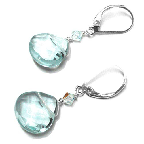 Lab Grown Aqua Quartz 12x12mm Briolette Lever Back Earrings Swarovski Crystal Sterling Silver Lab Grown Aqua Quartz 12x12mm Briolette Lever Back Earrings Swarovski Crystal Sterling Silver