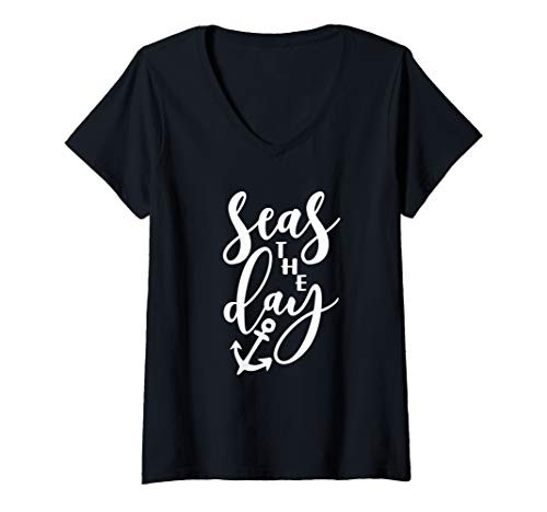 Womens Seas The Day Anchor Nautical Boat Family Cruise Vacation V-Neck T-Shirt