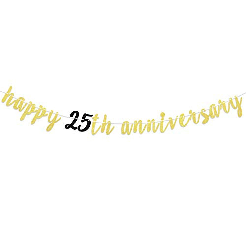 Happy 25th Anniversary Gold Glitter Banner 25th Anniversary Wedding Party Decorations Twenty-fifth Birthday Celebration Party Hanging Sign Photo Booth